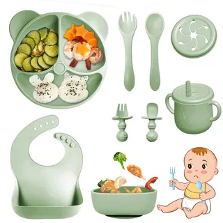 Bizcasa 9 Stück Silikon Baby Geschirrset, Rutschfest Kindergeschirr Set, Kindergeschirr mit Saugnapf, Rutschfest Baby Schüssel,Baby-Teller, Baby-Besteckset für Kleinkinder, BPA Frei (Dunkelgrün)