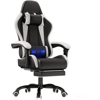 JUMMICO Gaming Stuhl, Bürostuhl Ergonomisch Mit Massage-Lendenkissen, Gamer Stuhl verstellbare Rückenlehne 90-135°,und fußstütze, Gamingstuhl 150 kg belastbarkeit, Weiß