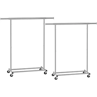 SONGMICS Schwerlast-Kleiderständer, 2er Set, Kleiderstange auf Rollen, bis 90 kg belastbar, mit ausziehbarer Garderobenständer, zusammenklappbares Unterteil, Ablage für Boxen, silbern HSR013S02