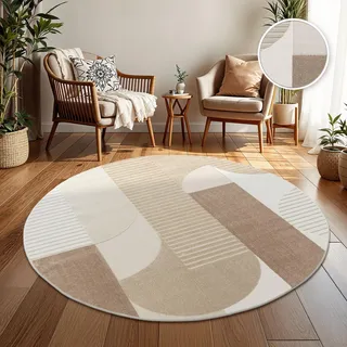 TT Home In-& Outdoorteppich Wetterfest Balkon Schlafzimmer Boho Skandi Motiv Unifarben Geometrische Optik Moderner Style Größe 120 cm Rund - Beige