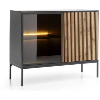 Selsey Tosena Sideboard 104 x 39 x 83 cm - Modernes Design in Schwarz-Graphit/Eiche Wotan - Mit Glasfront & 4 Fächern - Laminierte Spanplatte/MDF, Pulverbeschichteter Stahl - Beleuchtung Möglich