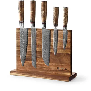 Wakoli Culinary Sycamore Damast Küchenmesser Set & magnetischer Messerblock | 5-teiliges Damastmesser Set aus 67 Lagen Damaststahl mit VG10-Kern, Berghorngriffe, Messerblock aus Akazienholz