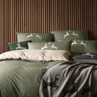 ELEGANTE Soft-Flanell Bettwäsche Alpenchic Hirsche 135x200 cm + 80x80 cm | zirbe - grün