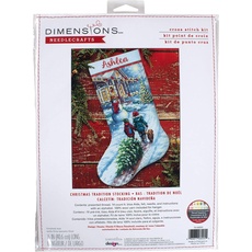 Dimensions 70-08995 Holiday Tradition DIY Personalisierbares Weihnachts-Kreuzstich-Strumpf-Set, 40,6 cm L, 14 Stück hellblaue Aida, verschiedene