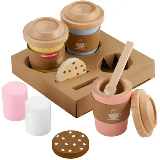 Fisher-Price Coffee-to-Go-Set aus Holz, Kaffeetassen und Leckereien für Kindergartenkinder ab drei Jahren, HXT85