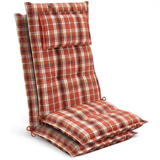 Beautissu Hochlehner Auflage 120 x 50 x 7 cm Orange-Rot-Grün-Kariert 2-tlg.