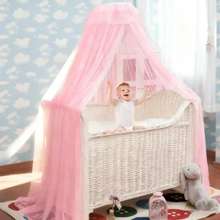 Cioquli 220cm Betthimmel Babybett, Baldachin Kinderzimmer mit Himmelstange und Dekorative Aufkleber, Himmelbett für Prinzessin Babywiege, Beistellbett Baby, Babyzimmer Deko(Rosa)