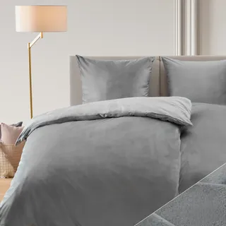 Blumtal Bettwäsche 140x200 & 2x 80x80cm Cashmere-Touch Plüsch in Grau - Grau