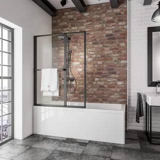 Schulte Badewannenaufsatz 2-teilig, zur Klebemontage ohne Bohren, Sicherheitsglas ESG Klar hell, inkl. Handtuchhalter, Profilfarbe: Matt Schwarz - Schwarz