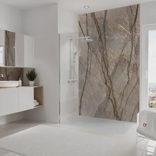 Schulte Duschrückwand Hochglanz, 150x255 cm, Wandverkleidung Stein Marmor-Kastanie, Aluminiumverbundplatte, fugenloser Fliesenersatz, EP19015253-784 - Braun