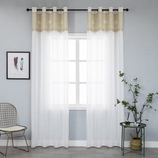 1 Paar weiße halbtransparente Vorhänge mit Streifen am oberen Saum in Beige mit Stickerei, Blumenmischung, Shabby-Chic-Stil, für Schlafzimmer, 2 Vorhänge mit Ösen (beige, 140 x 280 cm)