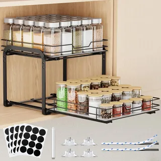 AHOMSEL 2 Etagen Gewürzregal Ausziehbar, Höhenverstellbar Küchenschrank Organizer, Gewürzregal Stehend mit Aufkleber für Schrank Küche Arbeitsplatte, L26*B29*H23cm