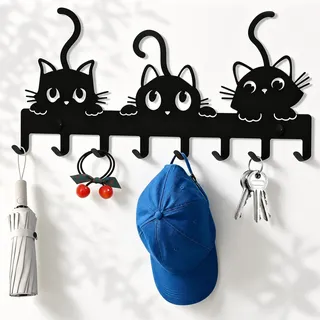 Tarqite Schlüsselbrett Katzen mit 8 Haken, Modern Metall Schlüsselhalter | Schwarz Schlüsselleiste, Katze Schlüsselaufhänger Wanddeko für Küche Schlafzimmer Wohnzimmer Badezimmer Eingänge