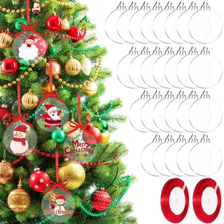 DRERIO 80er Set Acryl-Weihnachtskugeln 8 cm rund flach mit Loch zum Bemalen | 80er Set Acryl Weihnachtskugeln flach, 8,8 ×7,6 cm, bruchfest & bemalbar, mit Loch & Band, für innen & außen, DIY