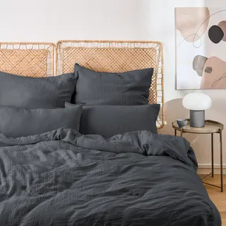 Blumtal Musselin Bettwäsche 135x200 cm - Bettbezug 135 x 200 + Kissenbezug 80x80 Anthrazit - Dunkelgrau
