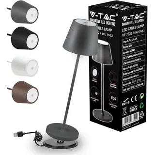 V-Tac Dimmbare LED Tischlampe Kabellos mit Touch-Bedienung - Wiederaufladbar Grau Lampe für den Innen und Draußen - Außenbereich IP54 - Hause Restaurant - 4400-mAh-Akku - Warmweiß 3000K