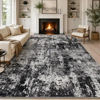 Capslpad Schwarz Abstraktes Teppich Wohnzimmer 200x300cm rutschfest Kurzflor Kunstwolle Schlafzimmer Teppich Waschbar Minimalistisch Bettvorleger Teppiche für Wohnzimmer Schlafzimmer Büro Bereich