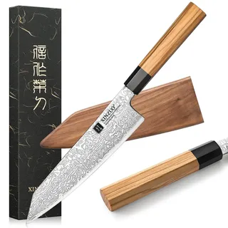 XINZUO Damaststahl Kiritsuke Kochmesser, japanischen Stil 21,5cm Küchenmesser Gyuto Messer, Handgefertigtes geschmiedetes Scharfes Chefmesser-Olivenholz und schwarzer Büffelhorngriff -mit Scheide