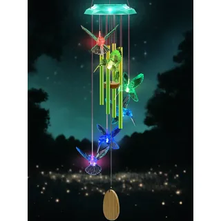 Solar Windspiel mit Kolibri-Design & grünen Alu-Röhren – Tiefklingende Gedenk-Glocke für Garten/Terrasse – Dekoratives Geschenk für Mama, Oma