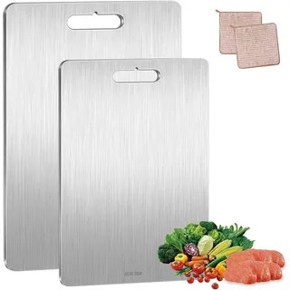 JOTOL 2 Stück Schneidebrett Edelstahl S304 Stainless Steel Cutting Board, Doppelseitig Antibakteriell, für Fleisch, Gemüse, Brot & Obst-Profi-Küchenbrett Spülmaschinengeeignet (34x23cm / 25x15cm)