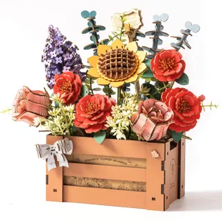 ROBOTIME Blumen 3D Holzpuzzle Erwachsene: Holzbausatz Basteln DIY Blumen Modelbausatz Künstliche Blumenstrauß Modell Kits Holz Puzzle Bausatz Frauen Valentinstag Geburtstag Deko mit Holzkiste TW02H