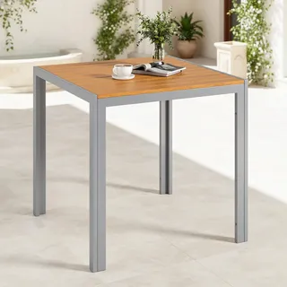 Clevich Gartentisch Wetterfeste, 75x75cm, Outdoor-Esstisch, WPC Balkontisch, Aluminiumrahmen, Wetterfeste Gartenmöbel, Quadratischer Terrassentisch,Hellgrau + Teakbraun