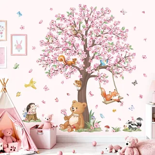 wondever Wandtattoo Kirschblütenbaum Tiere Groß Wandsticker Waldtiere Bär | Abziehen und Aufkleben, Abziehbar, Wandaufkleber Selbstklebend für Kinderzimmer Mädchen Babyzimmer Mädchenzimmer Wanddeko