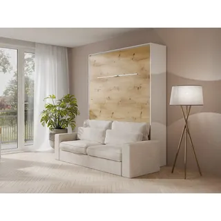 Schrankbett + Sofa - 140 x 200 cm - Manuelle vertikale Öffnung - Mit LED-Beleuchtung - Weiß & Holzfarben - RAPILI