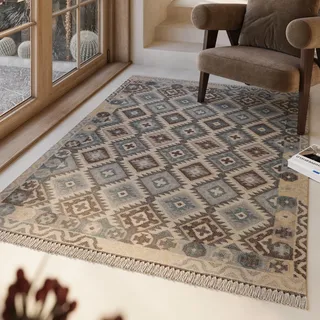 Green Looop Wollteppich GREEN LOOOP "Migny", blau (hellblau), B:80cm H:5mm L:150cm, Wolle, Teppiche, Fransen, Kelim, handgewebt, Natur, Wohnzimmer, Schlafzimmer, Raute