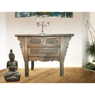 OPIUM OUTLET Konsole Konsolentisch Telefon-Tisch Kommode Sideboard Stehtisch Möbel Holz Antik Vintage asiatisch chinesisch orientalisch mit Schubfächern - Braun