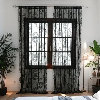 Transparent Vorhang Französische Spitze Barock Rosemuster Spitzengardinen | Gardinen Spitze Vintage Durchsichtig Spitzenvorhang Dekovorhang für Schlafzimmer Wohnzimmer 2 Stück Schwarz 140x200