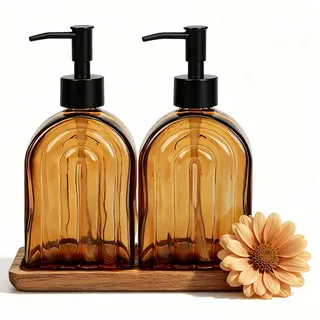 2 Stück Seifenspender Glas 400 ml, Handseifenspender für Bad & Küche mit Holz Tablett