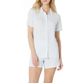 Amazon Essentials x Sofia Grainge Damen Pyjama-Set, eng anliegend, mit kurzen Ärmeln, Blassblau Kühner Streifen, XS
