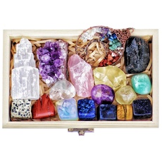 16 Natural Healing Crystals Set in Wooden Box - Tumbled Gemstones, Rough & Raw, Including Selenite Tower, Raw Black Tourmaline, Amethyst Geode, Rose Quartz, Lapiz Lazuli, Citrine & Tiger Eye