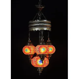 4-globige türkische Hängelampe aus Mosaikglas in bunten Farben – orientalische Deckenleuchte mit 4 Mosaikglaskugeln