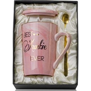 Tante Geschenk, Beste Tante Geschenke von Nichte und Neffe, Geburtstagsgeschenke für Tante, Best Auntie Ever, 14oz Keramik Marmor Geprägter Kaffeetasse Teetasse mit Deckel, Löffel und Geschenkbox