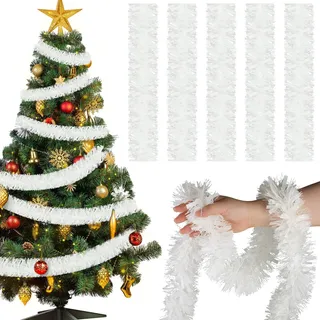 12M x 1 Stück Weihnachtsbaum Girlande Glitzer,9cm Weihnachtsgirlande Lametta,Weiß Weihnachten Deko Girlande für Weihnachten,Weihnachtsbaum Dekorieren