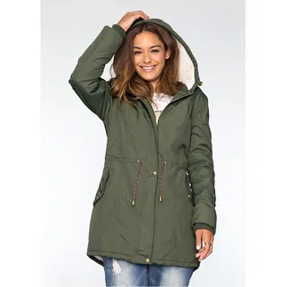 Parka BONPRIX, Damen, Gr. 48, grün (oliv), Obermaterial: 100% Polyester. Futter: 100% Polyester. Ärmelfutter: 100% Polyester, unifarben, loose fit, Rippstrickbündchen, Jacken Parka, modischer Stil, mit Teddy-Fleece, mit Kapuze, lockere Passform