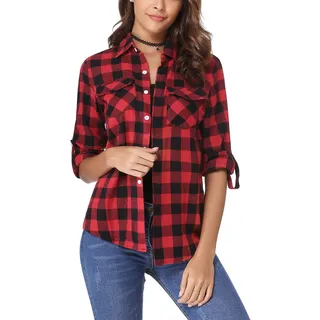 Irevial Damen Karierte Bluse Karo Flanell Hemden Classic Button-down Blusenshirt Langarm Plaid Shirt Oberteile für Frühling und Herbst Rot XL