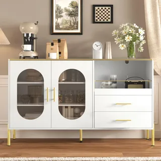 Fortuna Lai Eleganter Sideboard-Schrank mit 2 Schubladen & 2 Glastüren – Moderne Kommode in Weiß mit Goldakzenten – Viel Stauraum – Für Wohnzimmer, Esszimmer, Flur - Weiß