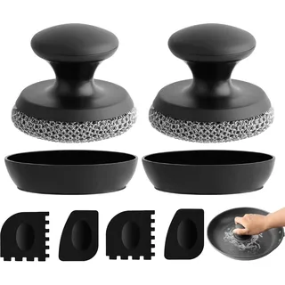 OITUGG 2 Stück Kettenhemd Scrubber mit 4 Schabern und Kleines Tablett, Chainmail Scrubber für Reinigen Gusseisenpfannen, Bratpfannen, Töpfen, Grillplatten, Kochgeschirr (Kleines Kettenhemd, 2 Stück)