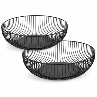 BOODPET Obstschale 2er-Set Schwarz Matt - Metall Obstkorb Rund im modernen Draht-Design, 28cm Große Dekoschale für Obst, Gemüse & Brot, Luftiger Aufbewahrungskorb für die Küche & Esstisch
