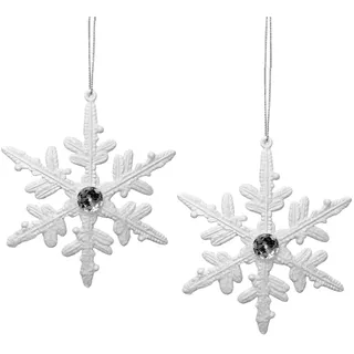 Weihnachtsbaum Deko 2er Set Schneeflocken Weiß Glitzer mit Stein 14 cm