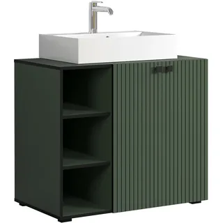 trendteam smart living - PureBliss - Waschbeckenunterschrank - Grün - Rillenoptik - 3 offene Fächer + 1 Einlegeboden + 60cm Aufsatzwaschbecken - (BxHxT) 90 x 91 x 53cm - edle Metallgriffe