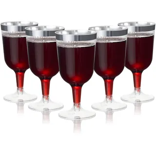 MATANA 24 Premium Elegante Plastik Weingläser mit Silberrand, 180ml - Mehrweg Cocktailgläser, Gold Weingläser aus Kunststoff, Weinbecher für Hochzeiten, Geburtstage & Partys
