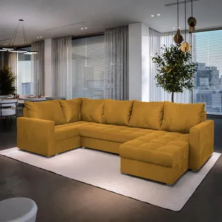 Masseno Ecksofa LORIVO L-S mit Schlaffunktion U-Form, Sofa mit Bettkasten, Wohnzimmersofa, Couch, Soffa, Bettsofa, Couchgarnitur- Gelb, KRONOS 01 - Gelb
