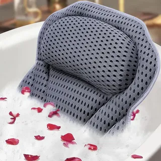 ADOV Badewannenkissen – Ergonomisches Luxus Nackenkissen mit 6 Saugnäpfen, Weiches Badekissen mit 3D Air Mesh für Kopf, Rücken und Schultern, Waschbar Kissen Badewanne, Ideal für Badewanne, Spa (Grau)