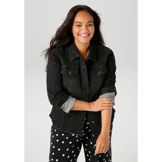 Jeansjacke ANISTON PLUS, Damen, Gr. 48, schwarz, Denim/Jeans, Obermaterial: 98% Baumwolle, 2% Elasthan, Abriebeffekte, unifarben, figurumspielend hüftlang, 1-Knopf-Manschette, Jacken Jeansjacke, mit ausgefranstem Saum