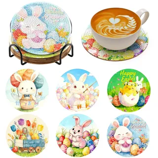 BNG Easter Diamond Painting Untersetzer Mit Halter, 6 Stück DIY Bastel Untersetzer für Erwachsene, Kunstmalerei Sets für Frauen, Anfänger, Diamant Bastelzubehör