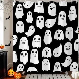 GCIREC Duschvorhang, 180x180cm, Schwarz und Weiß Halloween Funny Spooky Cute Ghost Icons Wasserdichter Stoff Maschinenwaschbarer Badezimmervorhang mit Haken